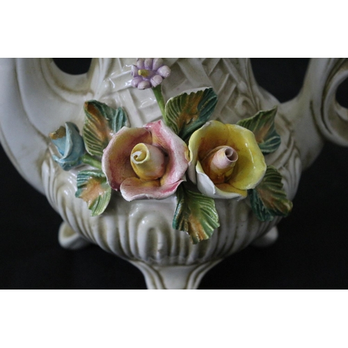 150 - Vintage Italian Capodimonte Coffee Pot With Raised Floral Design and Stamped on Bottom