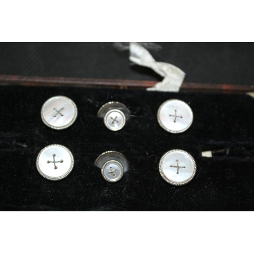 165 - Vintage Shirt Studs With Mother of Pearl Inlay  In Original Box. White Metal