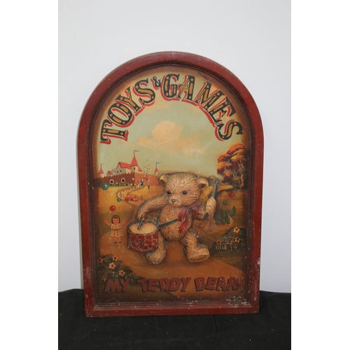 184 - Charming Wooden Raised Plaque Titled Toys And Games