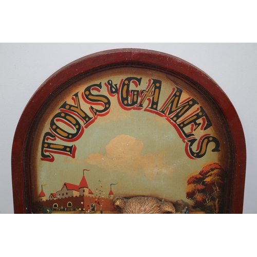 184 - Charming Wooden Raised Plaque Titled Toys And Games