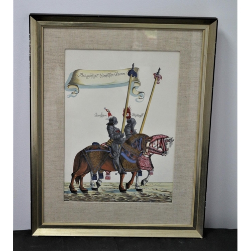 500 - Pen And Ink With Wash. Picture Of Knights On Horse Back. Frame And Glazed