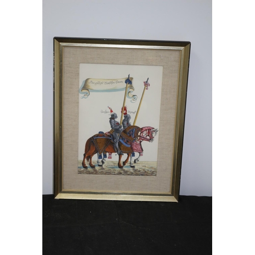 500 - Pen And Ink With Wash. Picture Of Knights On Horse Back. Frame And Glazed