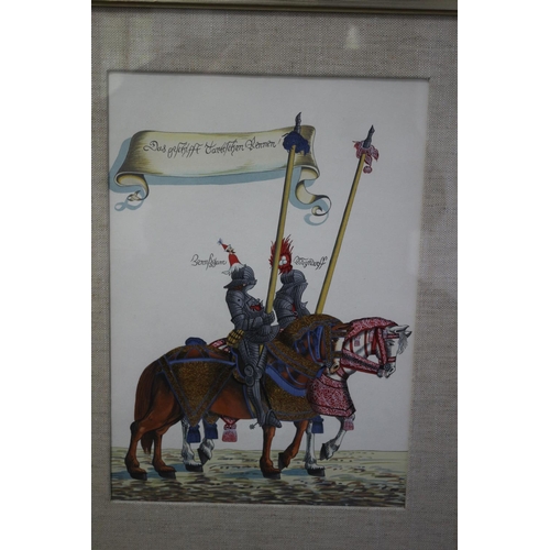 500 - Pen And Ink With Wash. Picture Of Knights On Horse Back. Frame And Glazed