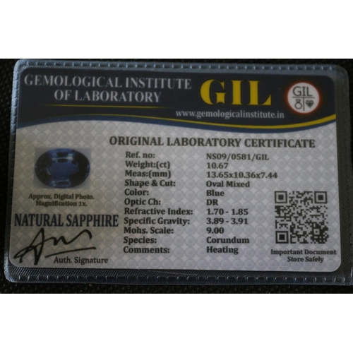 511 - Synthetic Sapphire With GIL Certificate, Weight (ct) 10.67. Shape And Cut Oval Mixed