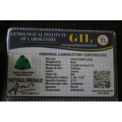 512 - Synthetic Emerald With GIL Certificate, Weight (ct) 8.62. Shape And Cut Trilloin