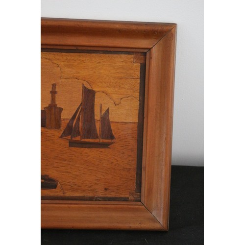 30 - Mid Century Marquetry Framed with Harbour Scene 44cm X 33cm