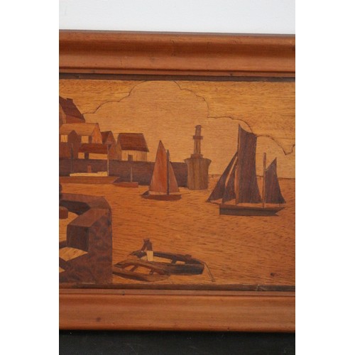 30 - Mid Century Marquetry Framed with Harbour Scene 44cm X 33cm