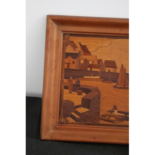 30 - Mid Century Marquetry Framed with Harbour Scene 44cm X 33cm