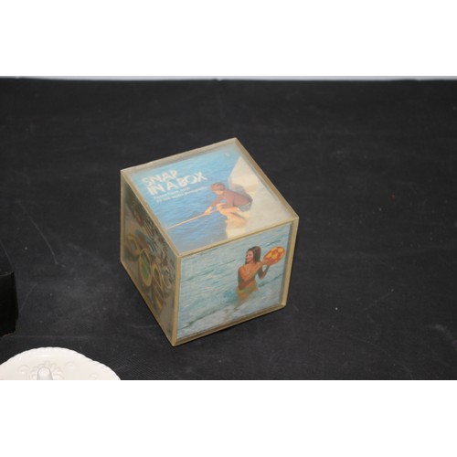 32 - A Musical box, Musical Photo Cube Frame, China Ring Holder and a Biscuit Tin