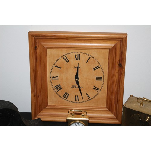 33 - A Selection of 3 Clocks 2 Brass and 1 Wooden and a Coal Clock Mount Requiring Clock