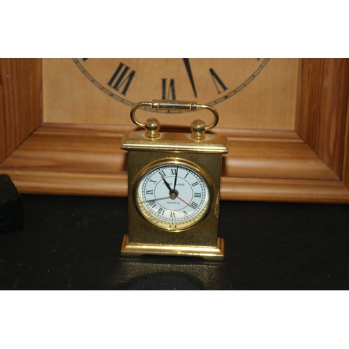 33 - A Selection of 3 Clocks 2 Brass and 1 Wooden and a Coal Clock Mount Requiring Clock