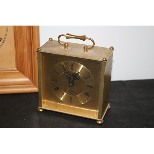 33 - A Selection of 3 Clocks 2 Brass and 1 Wooden and a Coal Clock Mount Requiring Clock