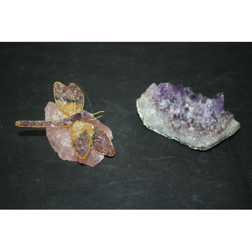 47 - 2 Pieces of Natural Stone 1 of Amethyst and the other Rose Quartz mounted by a dragonfly with Variou... 