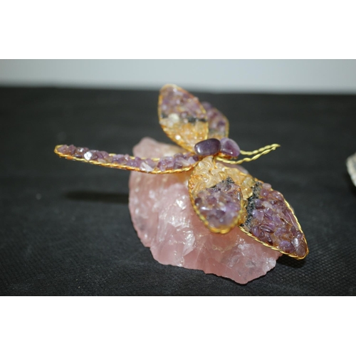 47 - 2 Pieces of Natural Stone 1 of Amethyst and the other Rose Quartz mounted by a dragonfly with Variou... 