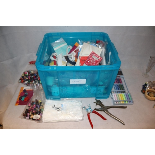 59 - A Box with a Large Assortment of Haberdashery Items Including Zips, Sewing Thread and a Leather Tool