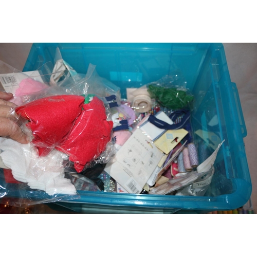 59 - A Box with a Large Assortment of Haberdashery Items Including Zips, Sewing Thread and a Leather Tool