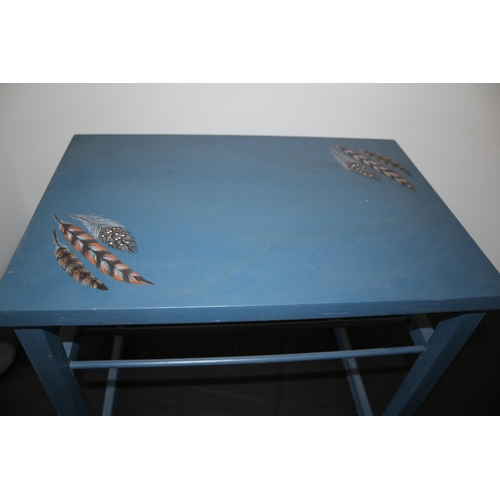 195 - Nicely Painted Small Side Table with Hand Painted Feather Design Artwork