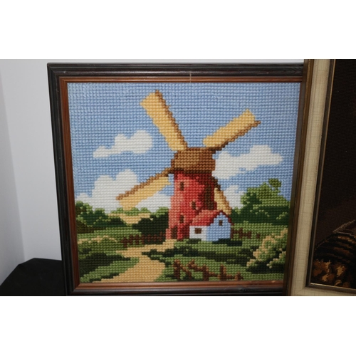 198 - 2 x Tapestries plus a Wool work Pictures Scene Include A Knight, Windmill And A Robin