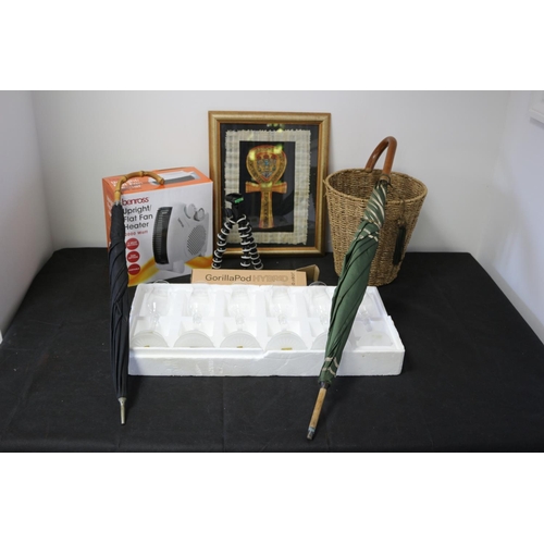 210 - An Eclectic Boot Fair box  Containing a Framed Egyptian papyrus, electric fan heater, camera tripod,... 