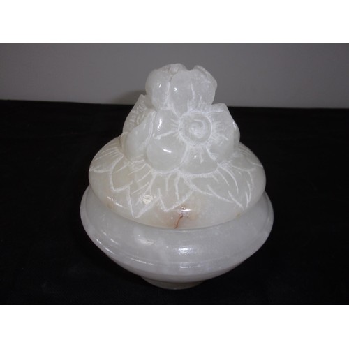 252 - Lovely Heavy Alabaster Pot With Rose Carved Lid