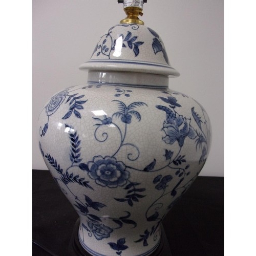 256 - Good Size Ginger Jar Table Lamp With Blue And White Pattern. Un Tested Top Fitting Need Replacing