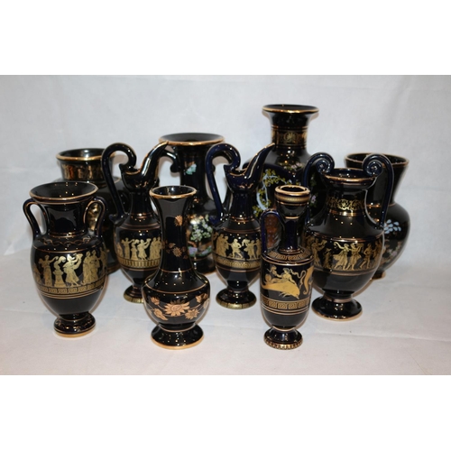 279 - A Good assortment (10) of Greek Vases and Urns mainly handmade and with 24k Gold