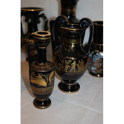 279 - A Good assortment (10) of Greek Vases and Urns mainly handmade and with 24k Gold