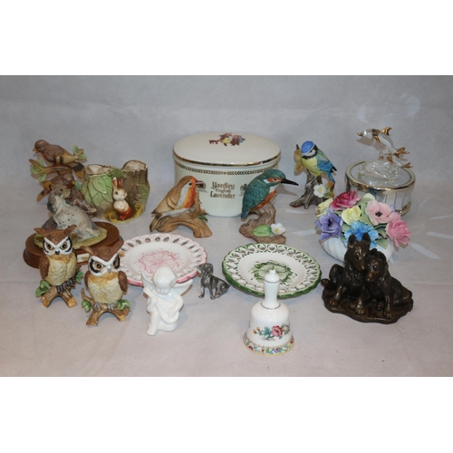 307 - Eclectic Lots Bird Statues, plates, Metalware names like Coalport