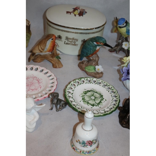 307 - Eclectic Lots Bird Statues, plates, Metalware names like Coalport