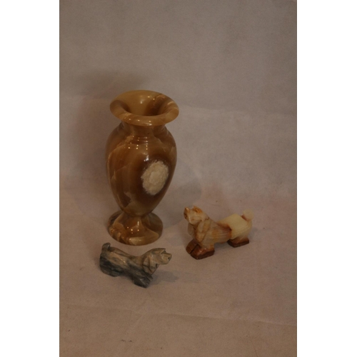 308 - Lovely Marble Vase standing 20cm vases has very small chip and 2 Stone Basset Hound Statues