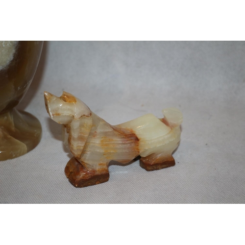 308 - Lovely Marble Vase standing 20cm vases has very small chip and 2 Stone Basset Hound Statues