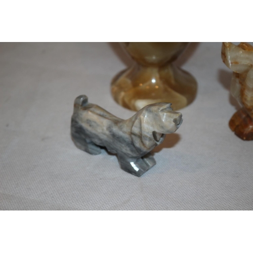 308 - Lovely Marble Vase standing 20cm vases has very small chip and 2 Stone Basset Hound Statues