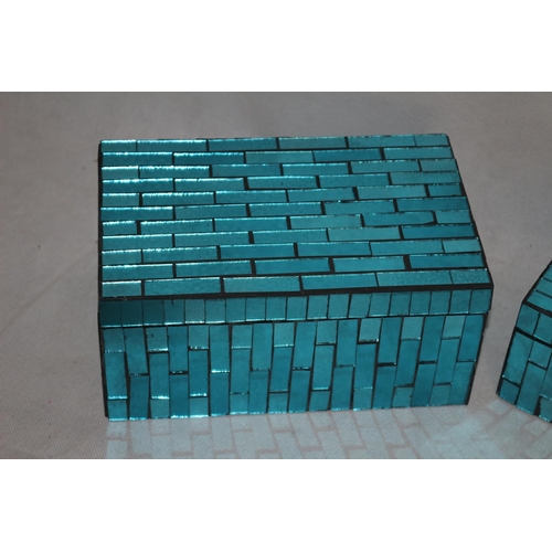 389 - 2 New In Boxes Turquoise Glass Covered Wooden Boxes