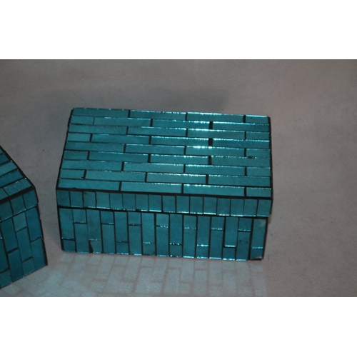 389 - 2 New In Boxes Turquoise Glass Covered Wooden Boxes