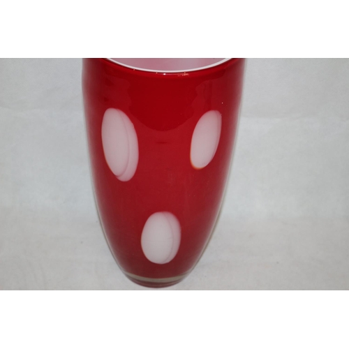 465 - Heavy Red Glass Vase  With Spot Pattern