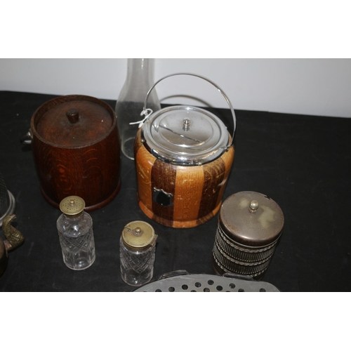 559 - An Eclectic Lot Containing Retro Biscuit Barrel And Ice Bucket And Other Metal And Glassware