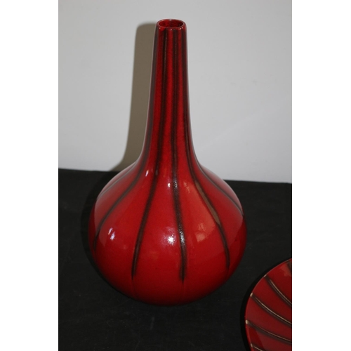 562 - Good Size Vibrant Vase And Platter. Platter Has Some Nibbles On Base