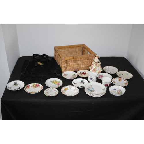 611 - Wicker Basket with Large Selection of Saucers and Tea-Plates, 2 x Cups and a Figurine