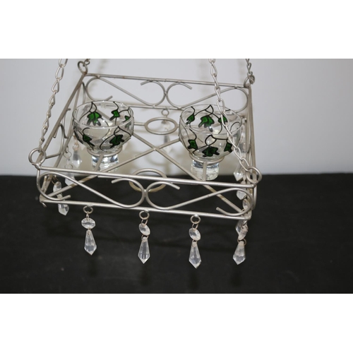 628 - Hand Painted Glass Cup Tea Light Holders in a Hanging Rack with Beads