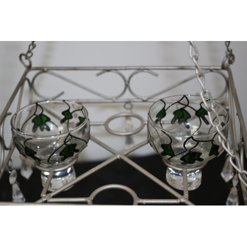 628 - Hand Painted Glass Cup Tea Light Holders in a Hanging Rack with Beads