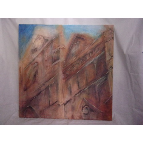 503 - Large Abstract Oil on Board Of a Cathedral Scene With Soft Colours 100cm x100cm