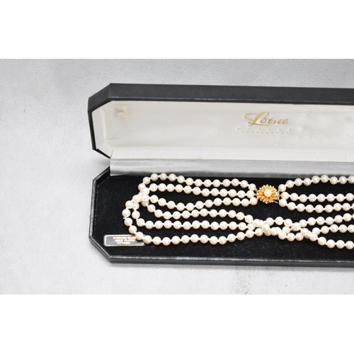 102 - Pearl Necklace with Ornate Clasp Gold plated Silver In Box Marked Lotus