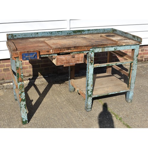 635 - Vintage Workbench with Vice and remains of original paintwork. Full of character and usage