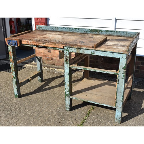 635 - Vintage Workbench with Vice and remains of original paintwork. Full of character and usage