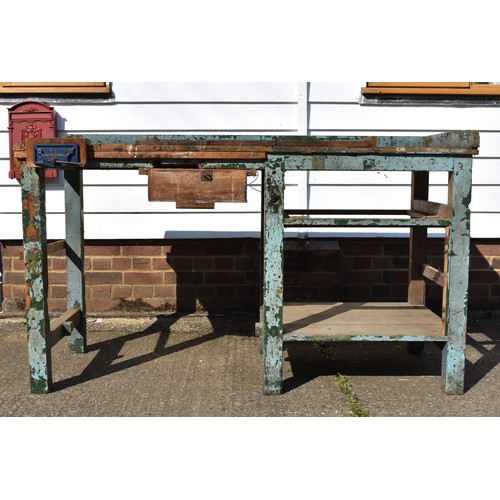 635 - Vintage Workbench with Vice and remains of original paintwork. Full of character and usage