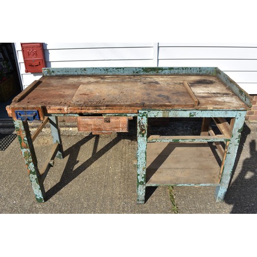 635 - Vintage Workbench with Vice and remains of original paintwork. Full of character and usage