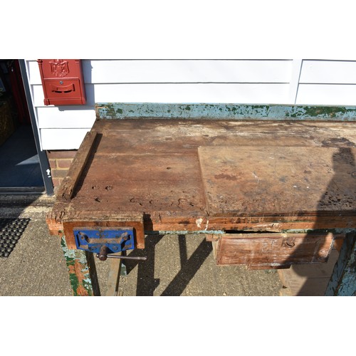 635 - Vintage Workbench with Vice and remains of original paintwork. Full of character and usage