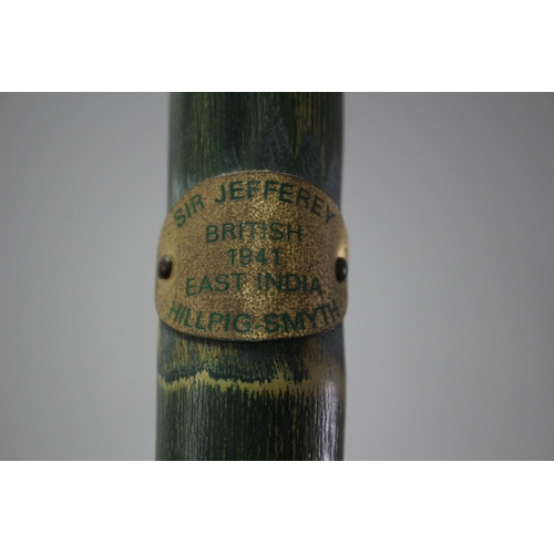 135 - Highly Collectable Sir Jefferey Hill-Pig Smyth British East India 1941 Green Bamboo Cane with Brass ... 