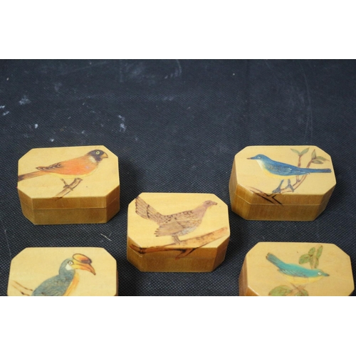 154 - Collection of 11 Aged Hand Made and Hand Painted Small Boxes with Silk Lining - Each Box Has a Bird ... 