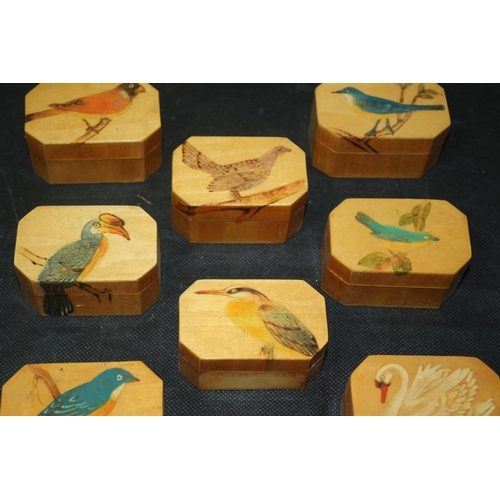 154 - Collection of 11 Aged Hand Made and Hand Painted Small Boxes with Silk Lining - Each Box Has a Bird ... 